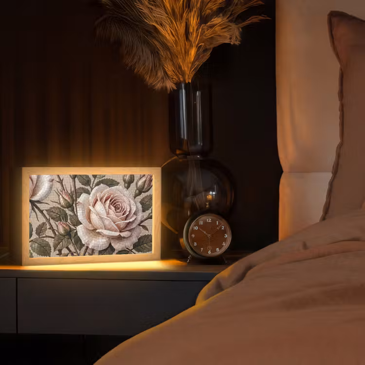 Roos - Mozaïek - Bloemen - Klassiek - Beige Light Box met kabel (Tafellamp) klein -sfeer1