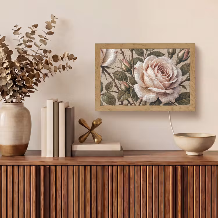Roos - Mozaïek - Bloemen - Klassiek - Beige Light Box met kabel (Tafellamp) klein -sfeer2