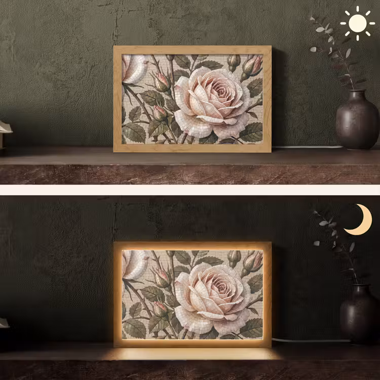 Roos - Mozaïek - Bloemen - Klassiek - Beige Light Box met kabel (Tafellamp) klein -sfeer3