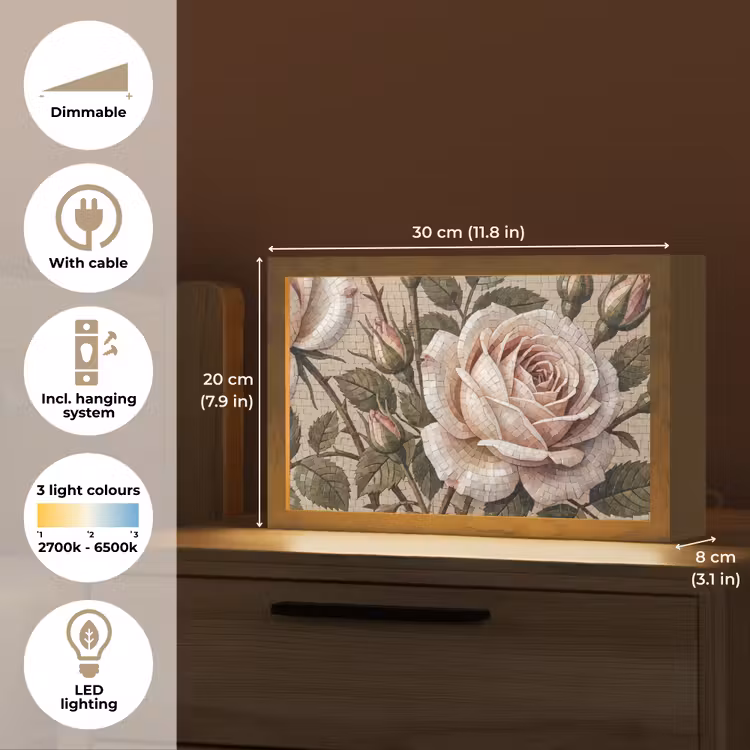 Roos - Mozaïek - Bloemen - Klassiek - Beige Light Box met kabel (Tafellamp) klein -USP_EN