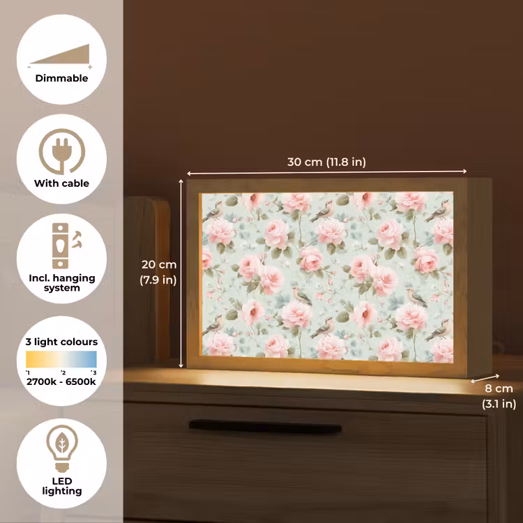Rozen - Vogels - Pastel - Kleurrijk Light Box met kabel (Tafellamp) klein 924 -USP_EN