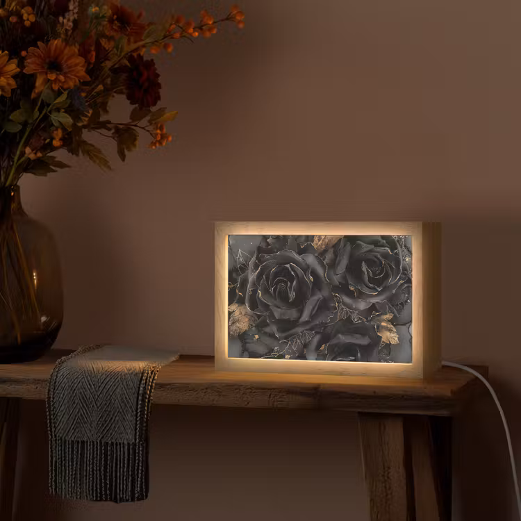 Rozen - Zwart - Bloemen - Goud Light Box met kabel (Tafellamp) klein -sfeer4