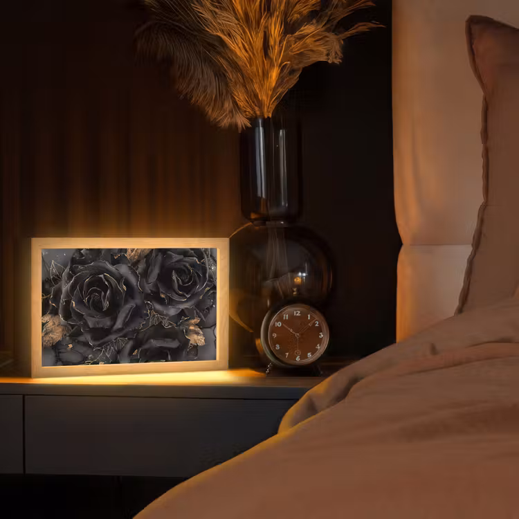 Rozen - Zwart - Bloemen - Goud Light Box met kabel (Tafellamp) klein -sfeer1