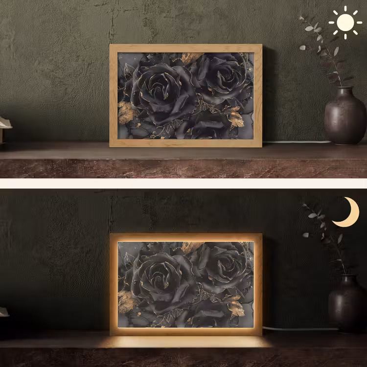 Rozen - Zwart - Bloemen - Goud Light Box met kabel (Tafellamp) klein -sfeer3