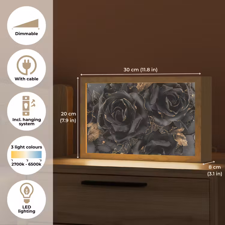 Rozen - Zwart - Bloemen - Goud Light Box met kabel (Tafellamp) klein -USP_EN