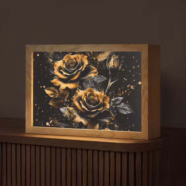 Rozen - Goud - Zwart - Bloemen - Modern Light Box met kabel (Tafellamp) klein -z3d_website