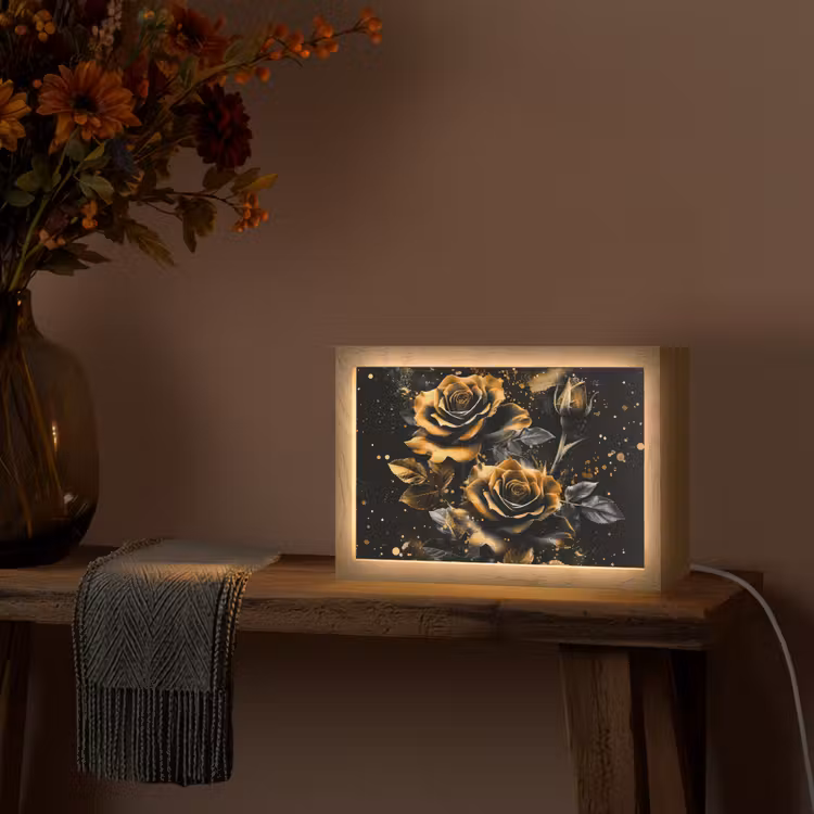 Rozen - Goud - Zwart - Bloemen - Modern Light Box met kabel (Tafellamp) klein -sfeer4