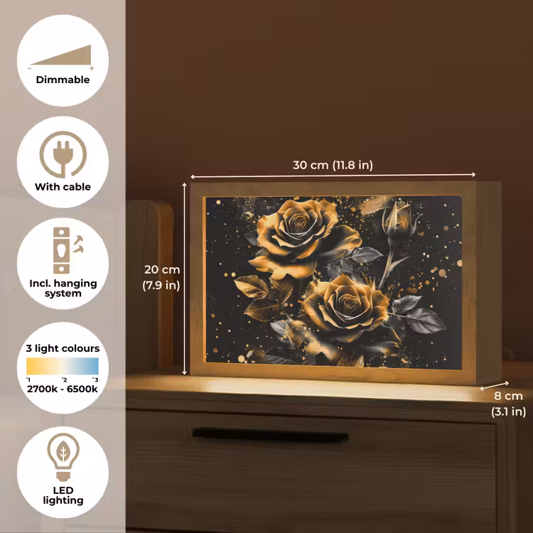 Rozen - Goud - Zwart - Bloemen - Modern Light Box met kabel (Tafellamp) klein -USP_EN
