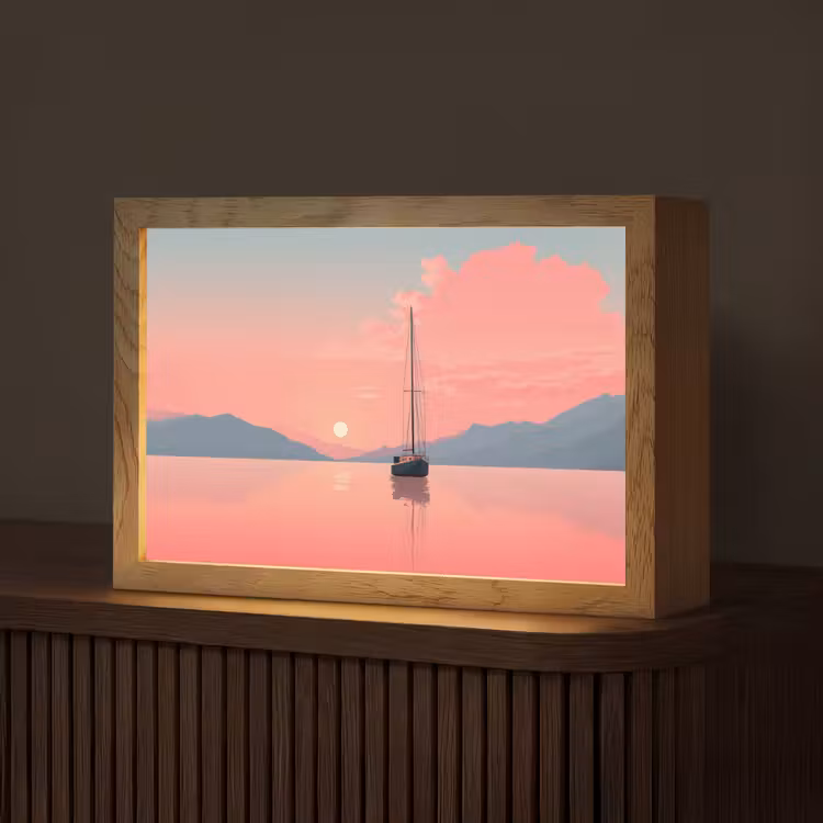 Zeilboot - Roze zee - Zonsondergang - Bergen Light Box met kabel (Tafellamp) klein -z3d_website