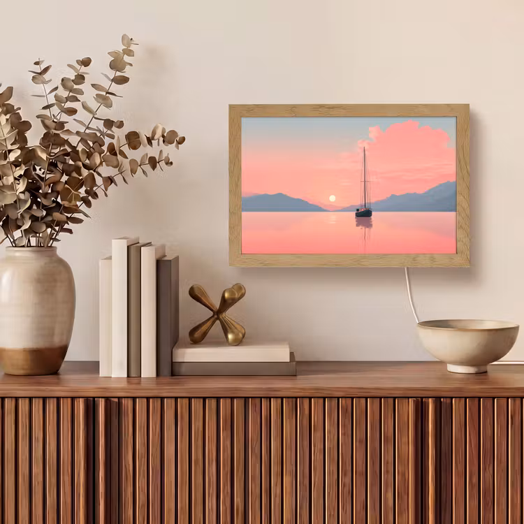 Zeilboot - Roze zee - Zonsondergang - Bergen Light Box met kabel (Tafellamp) klein -sfeer2