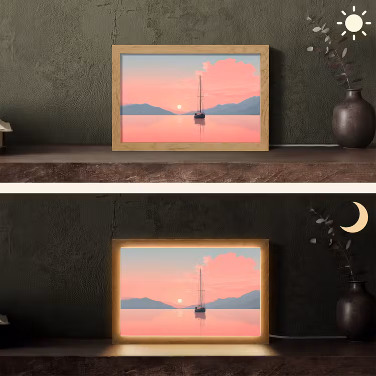 Zeilboot - Roze zee - Zonsondergang - Bergen Light Box met kabel (Tafellamp) klein -sfeer3