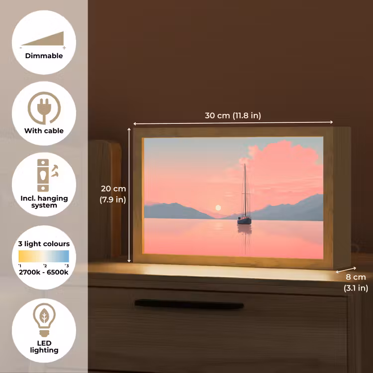 Zeilboot - Roze zee - Zonsondergang - Bergen Light Box met kabel (Tafellamp) klein -USP_EN