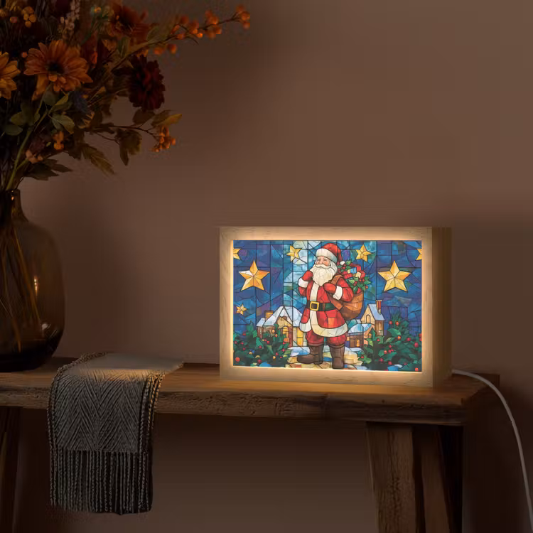 Kerstman - Glas - Kleurrijk Light Box met kabel (Tafellamp) klein -sfeer4