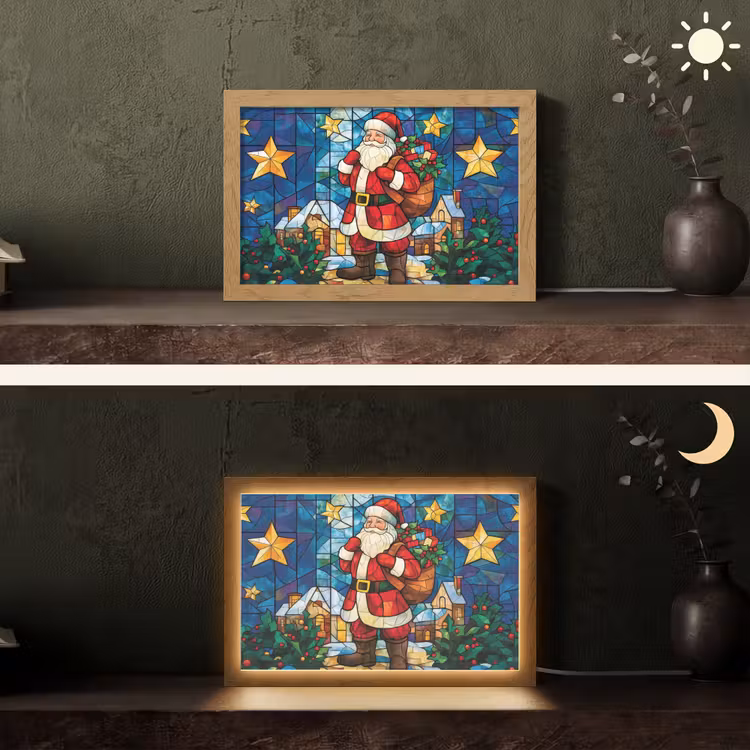 Kerstman - Glas - Kleurrijk Light Box met kabel (Tafellamp) klein -sfeer3