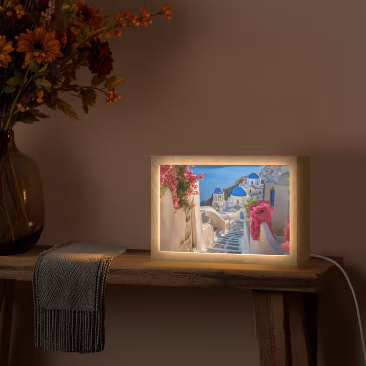 Santorini - Bloemen - Griekenland Light Box met kabel (Tafellamp) klein -sfeer4
