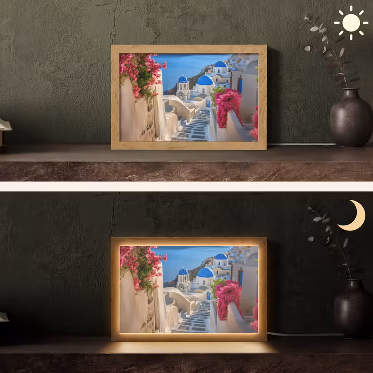 Santorini - Bloemen - Griekenland Light Box met kabel (Tafellamp) klein -sfeer3