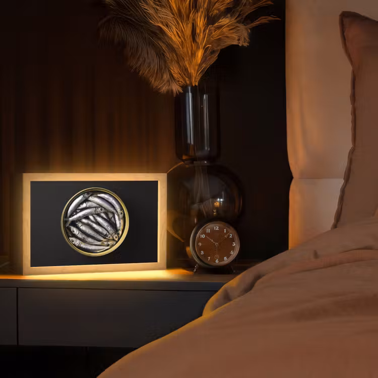 Sardines - Vissen - Rond - Zwart Light Box met kabel (Tafellamp) klein -sfeer1