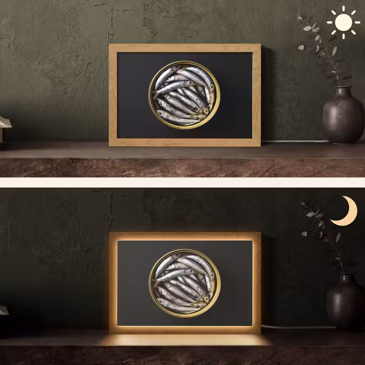 Sardines - Vissen - Rond - Zwart Light Box met kabel (Tafellamp) klein -sfeer3
