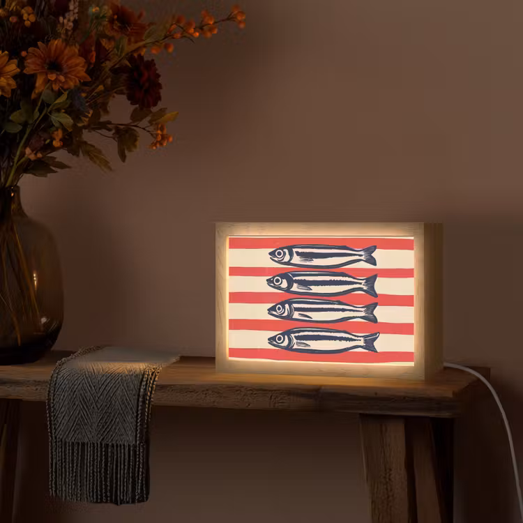 Sardines - Rood en beige strepen Light Box met kabel (Tafellamp) klein -sfeer4