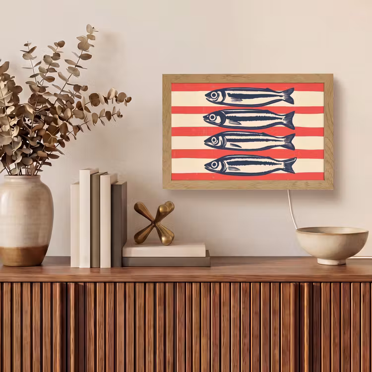 Sardines - Rood en beige strepen Light Box met kabel (Tafellamp) klein -sfeer2