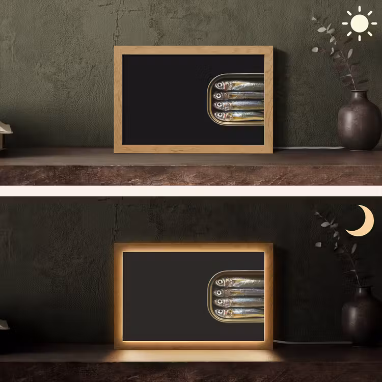Sardines - Blik - Zwart - Vissen Light Box met kabel (Tafellamp) klein -sfeer3