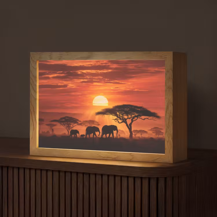 Savanne - Olifanten - Zonsondergang Light Box met kabel (Tafellamp) klein -z3d_website
