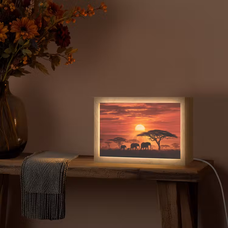Savanne - Olifanten - Zonsondergang Light Box met kabel (Tafellamp) klein -sfeer4