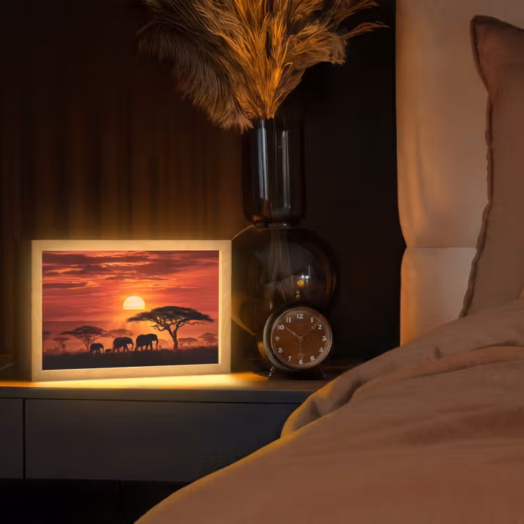 Savanne - Olifanten - Zonsondergang Light Box met kabel (Tafellamp) klein -sfeer1