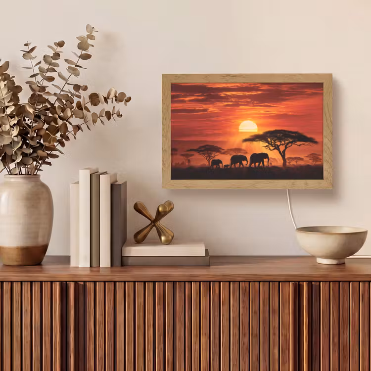 Savanne - Olifanten - Zonsondergang Light Box met kabel (Tafellamp) klein -sfeer2