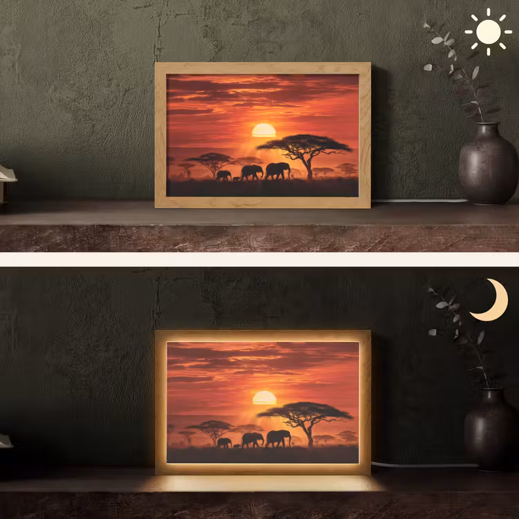 Savanne - Olifanten - Zonsondergang Light Box met kabel (Tafellamp) klein -sfeer3