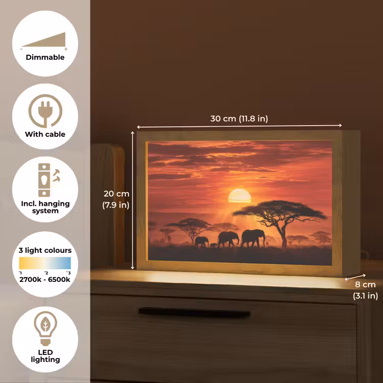 Savanne - Olifanten - Zonsondergang Light Box met kabel (Tafellamp) klein -USP_EN