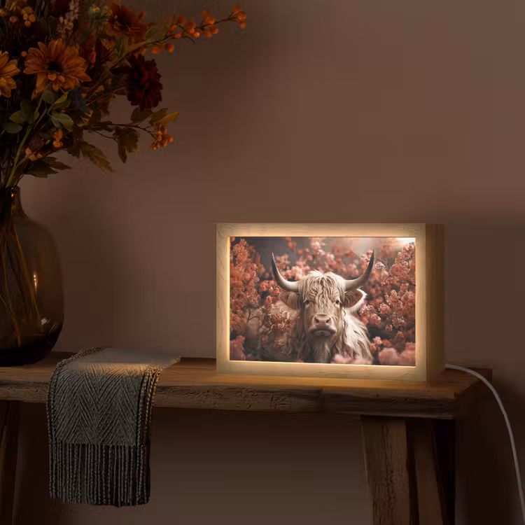 Schotse hooglander - Dier - Natuur - Bloemen - Botanisch Light Box met kabel (Tafellamp) klein -sfeer4