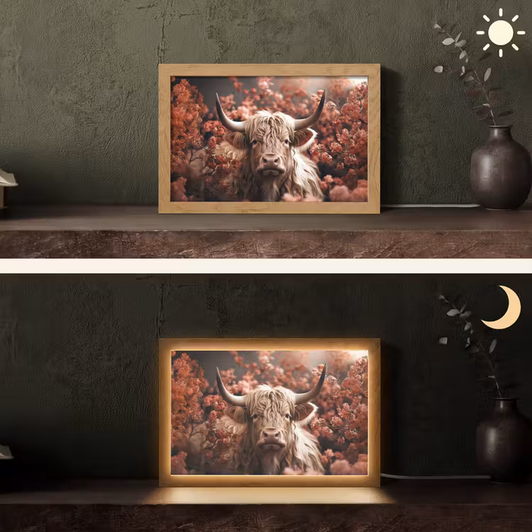 Schotse hooglander - Dier - Natuur - Bloemen - Botanisch Light Box met kabel (Tafellamp) klein -sfeer3