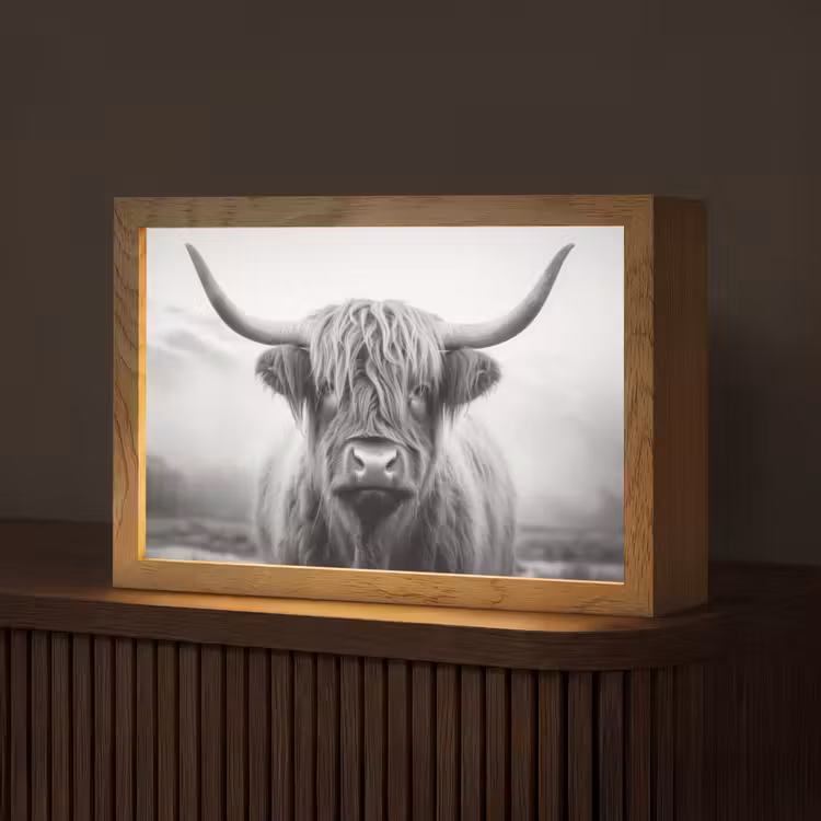 Schotse hooglander - Dieren portret - Zwart - Wit - Dier Light Box met kabel (Tafellamp) klein -z3d_website