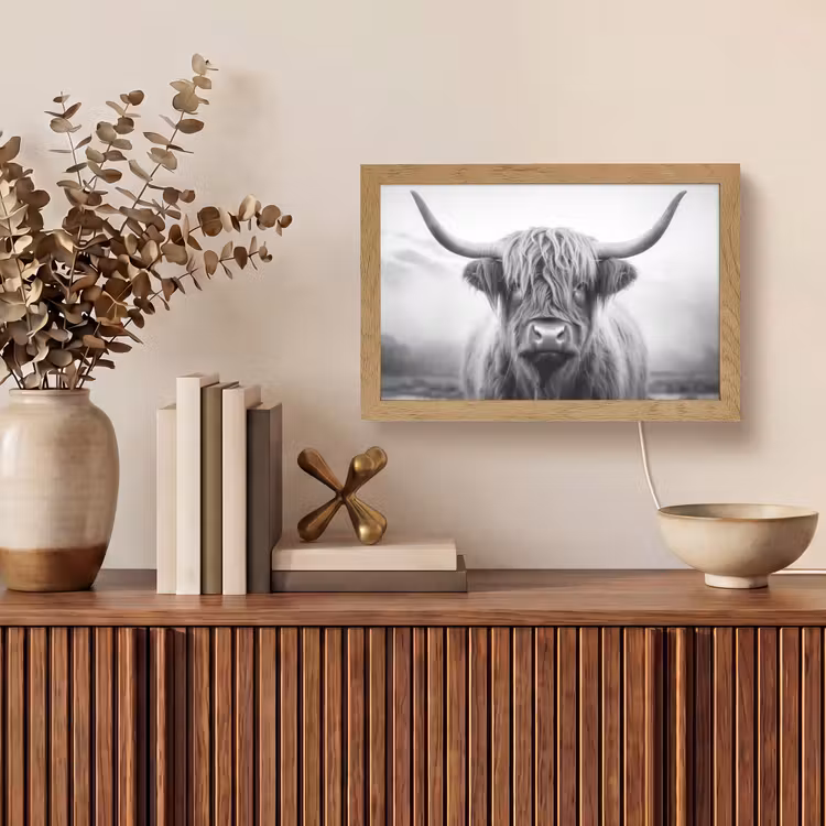 Schotse hooglander - Dieren portret - Zwart - Wit - Dier Light Box met kabel (Tafellamp) klein -sfeer2