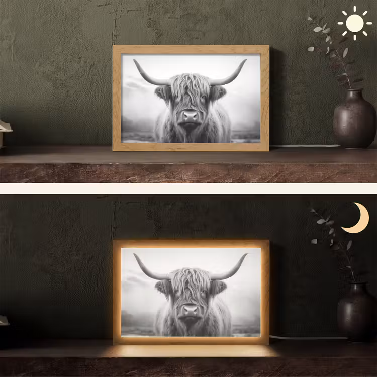 Schotse hooglander - Dieren portret - Zwart - Wit - Dier Light Box met kabel (Tafellamp) klein -sfeer3