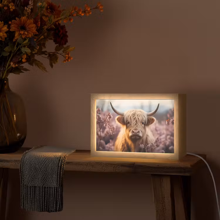Schotse hooglander - Dieren portret - Bloemen - Dier Light Box met kabel (Tafellamp) klein -sfeer4