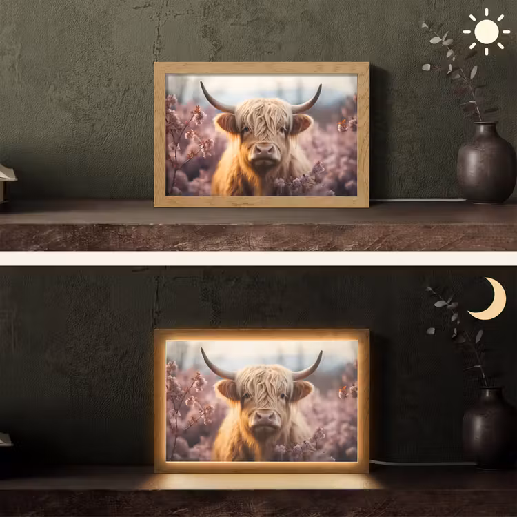 Schotse hooglander - Dieren portret - Bloemen - Dier Light Box met kabel (Tafellamp) klein -sfeer3