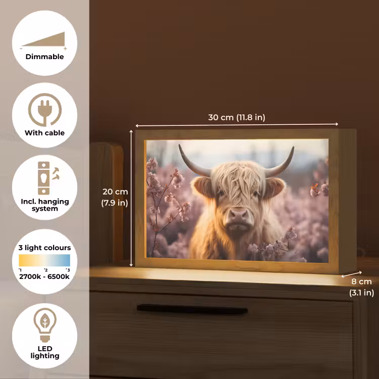 Schotse hooglander - Dieren portret - Bloemen - Dier Light Box met kabel (Tafellamp) klein -USP_EN