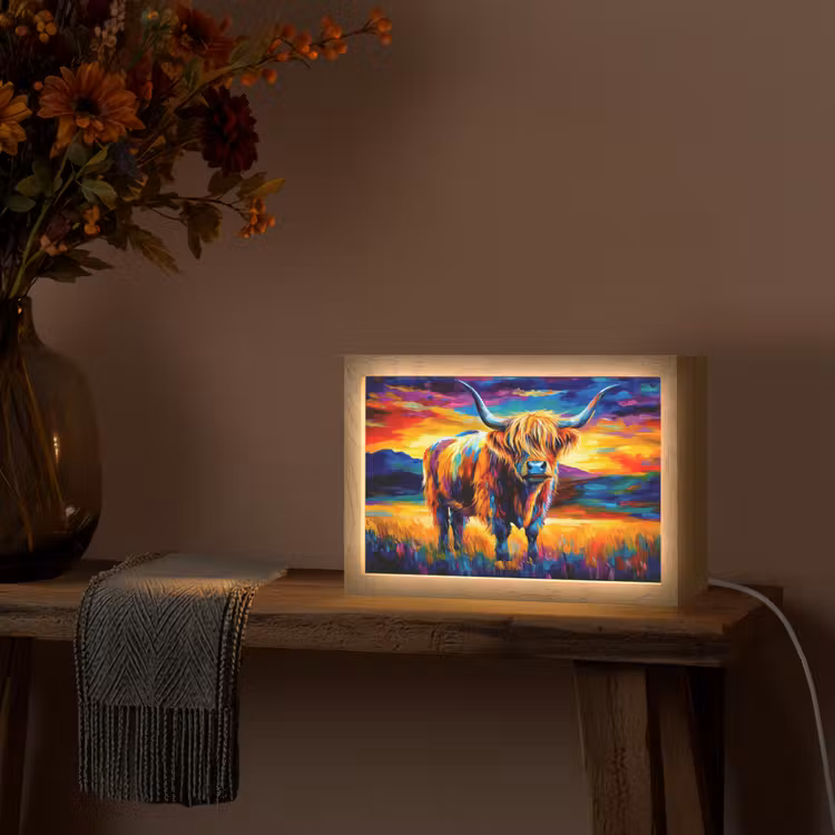 Schotse hooglander - Kunst - Koe - Dieren - Landschap Light Box met kabel (Tafellamp) klein -sfeer4