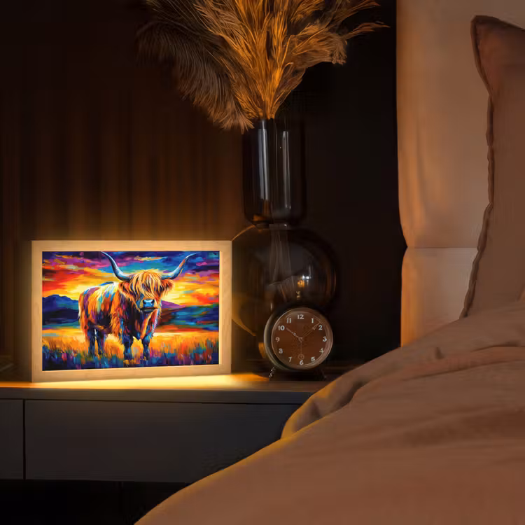 Schotse hooglander - Kunst - Koe - Dieren - Landschap Light Box met kabel (Tafellamp) klein -sfeer1