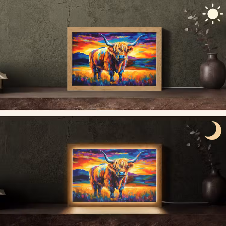 Schotse hooglander - Kunst - Koe - Dieren - Landschap Light Box met kabel (Tafellamp) klein -sfeer3
