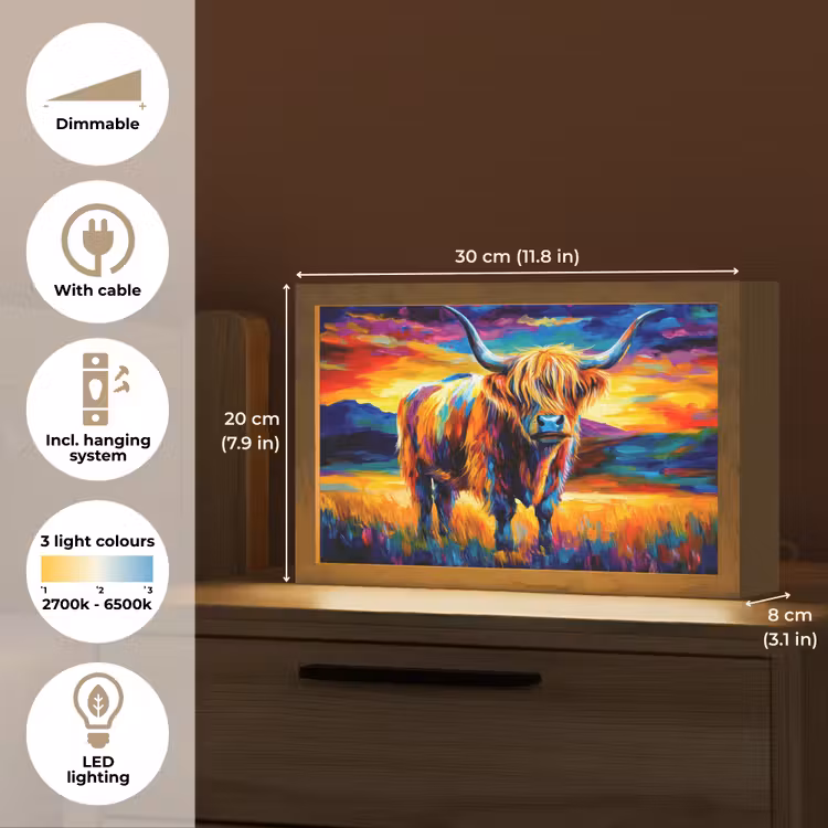 Schotse hooglander - Kunst - Koe - Dieren - Landschap Light Box met kabel (Tafellamp) klein -USP_EN