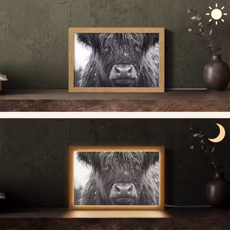 Schotse hooglander - Zwart - Wit - Sneeuwvlokken Light Box met kabel (Tafellamp) klein -sfeer3