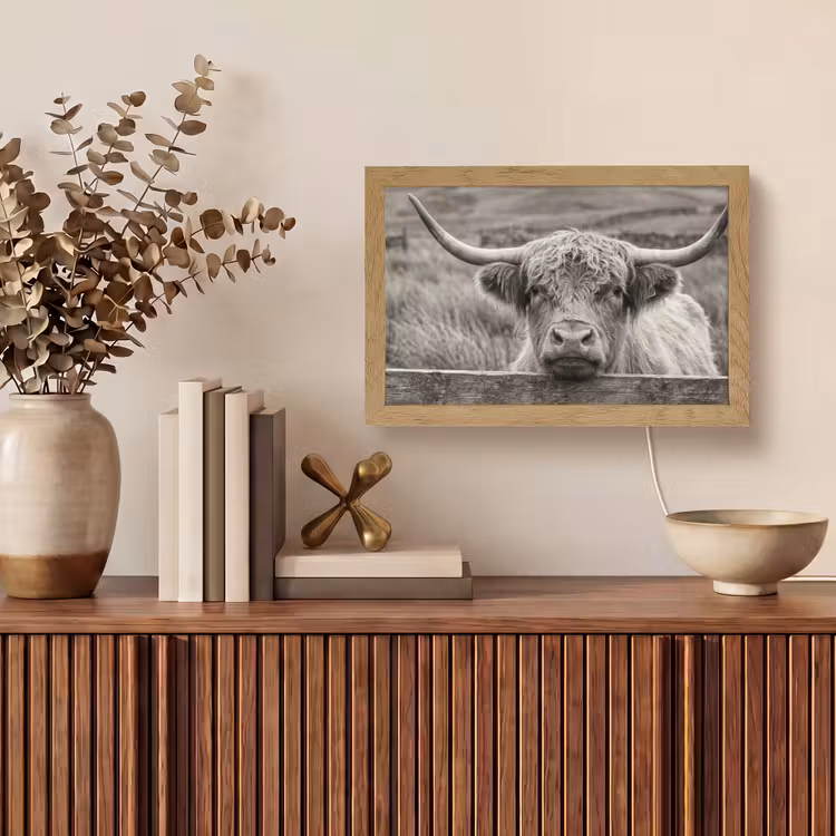 Schotse hooglander - Zwart - Wit - Hout Light Box met kabel (Tafellamp) klein -sfeer2