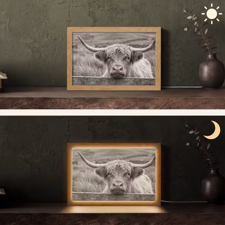 Schotse hooglander - Zwart - Wit - Hout Light Box met kabel (Tafellamp) klein -sfeer3
