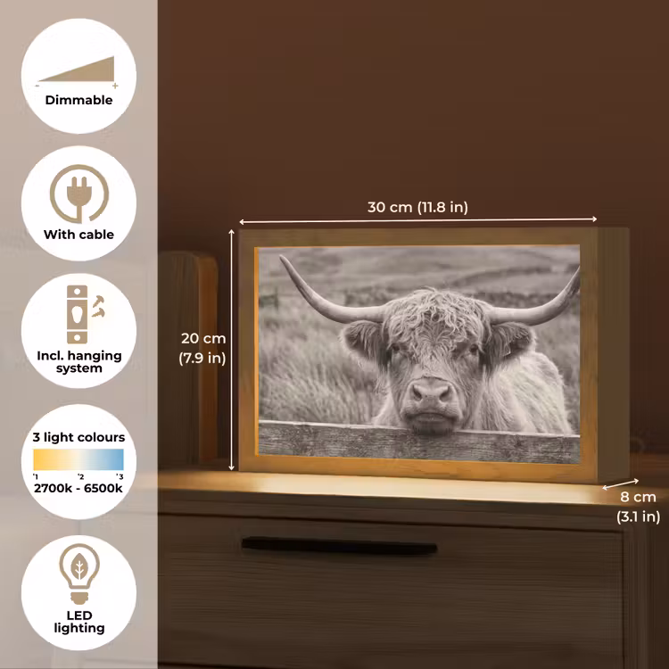 Schotse hooglander - Zwart - Wit - Hout Light Box met kabel (Tafellamp) klein -USP_EN