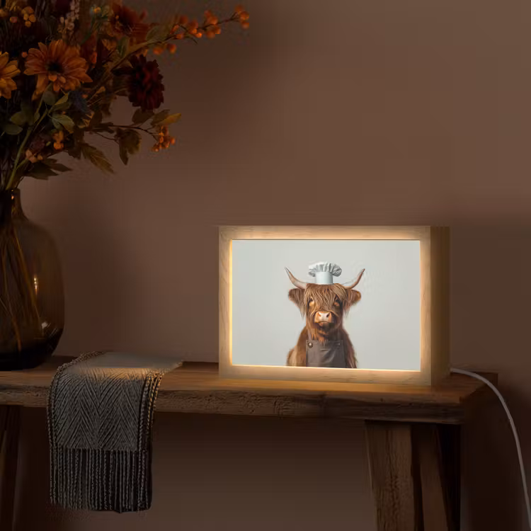 Schotse Hooglander - Bruin - Hoorns - Kokskleding Light Box met kabel (Tafellamp) klein -sfeer4
