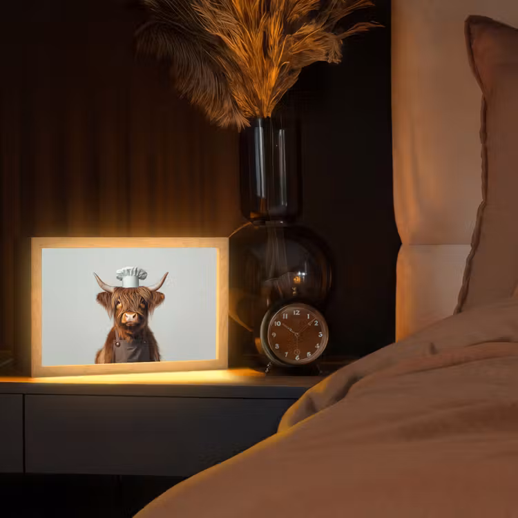 Schotse Hooglander - Bruin - Hoorns - Kokskleding Light Box met kabel (Tafellamp) klein -sfeer1