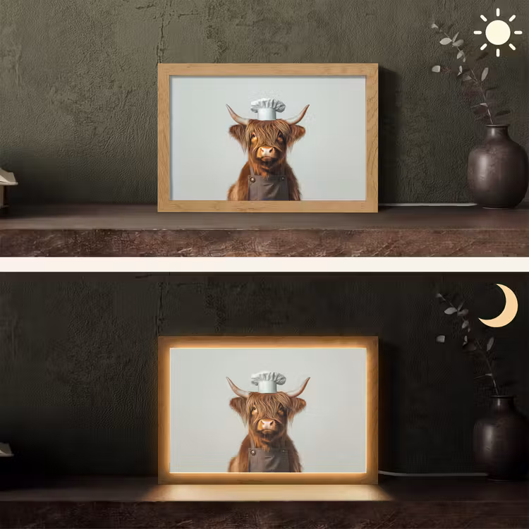 Schotse Hooglander - Bruin - Hoorns - Kokskleding Light Box met kabel (Tafellamp) klein -sfeer3
